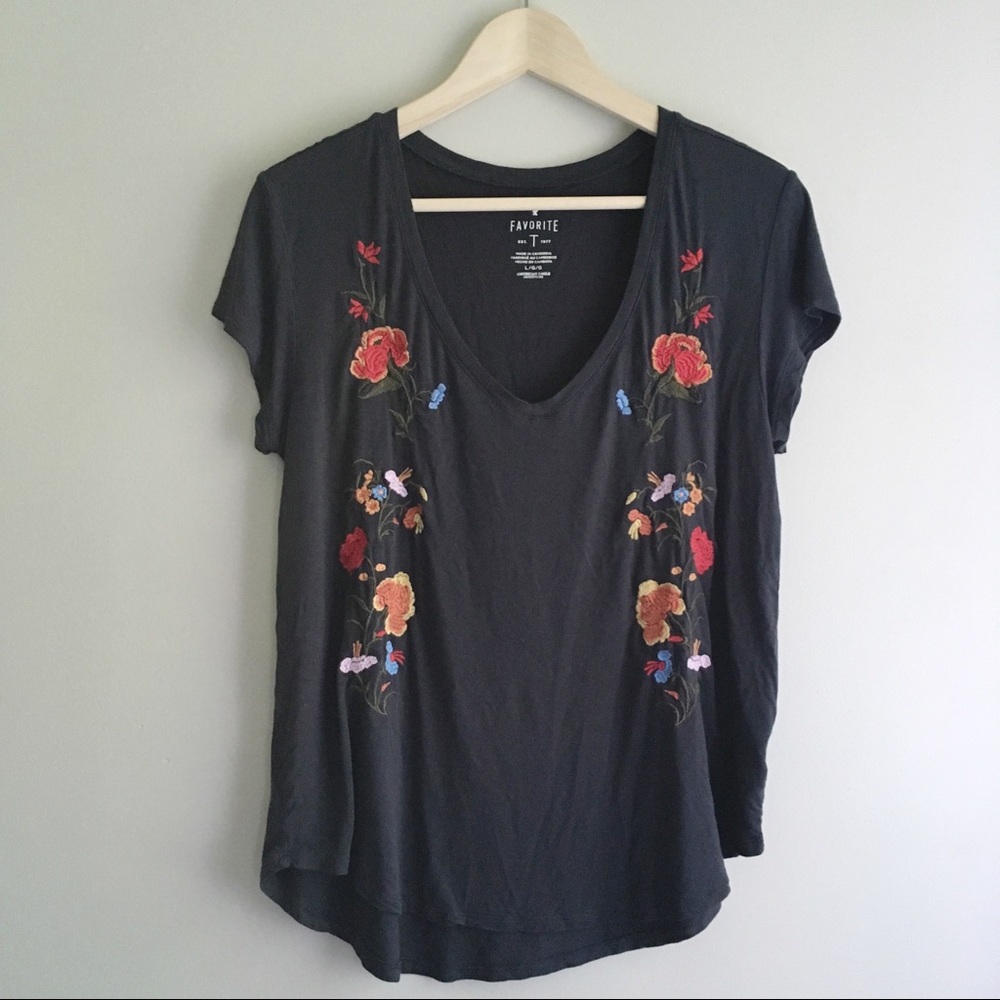 Charcoal Embroidered Floral Tee